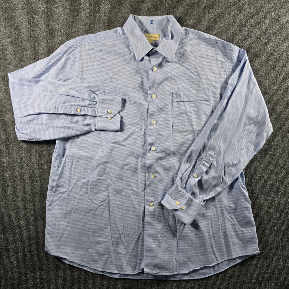 Tommy Bahama Mens Blue White Micro Check Long Sleeve Button Down Shirt 17 34-35